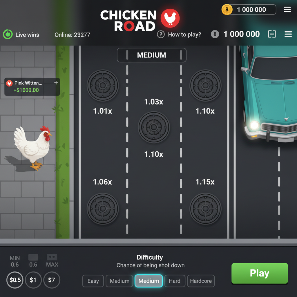Schermata della demo gratuita di Chicken Road 2 — modalità Medium con saldo virtuale e moltiplicatori attivi, nessuna registrazione richiesta