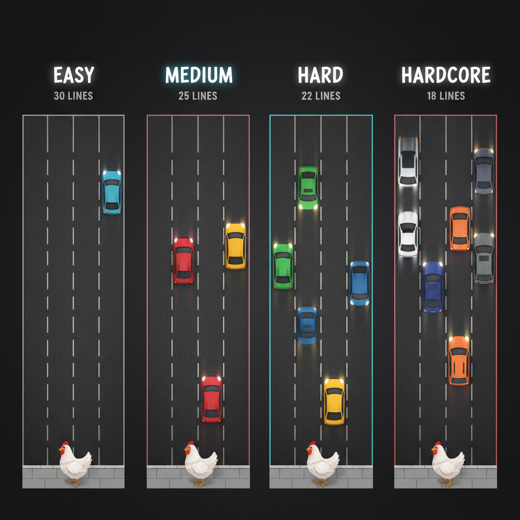 Confronto visivo dei 4 livelli di difficoltà di Chicken Road 2 — Easy, Medium, Hard e Hardcore con densità del traffico crescente