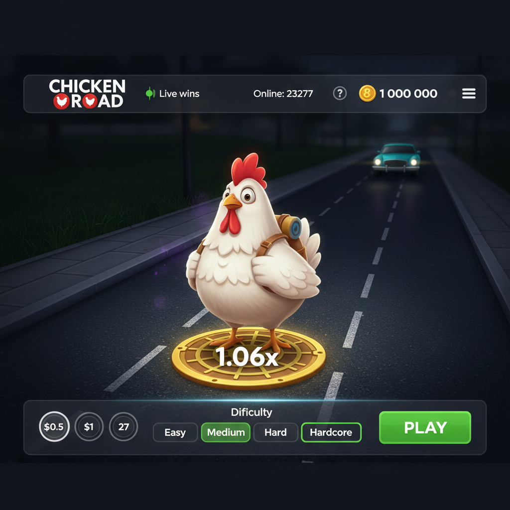Schermata di gioco Chicken Road 2 — il pollo avanza sulla terza corsia con moltiplicatore 1.06x attivo e pannello puntate visibile