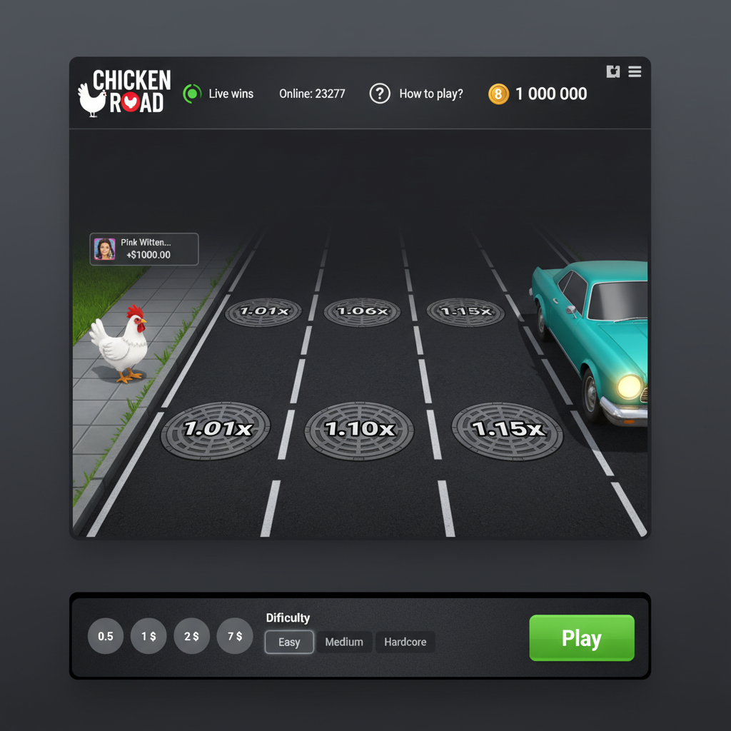 Panoramica completa dell'interfaccia di Chicken Road 2 — le tre zone del campo di gioco con corsie, tombini e pannello controlli in basso