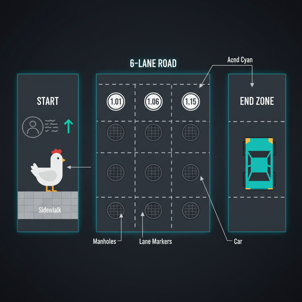 Diagramma delle tre zone di gioco in Chicken Road 2 — zona partenza, strada centrale a 6 corsie e zona arrivo con indicazione dei tombini