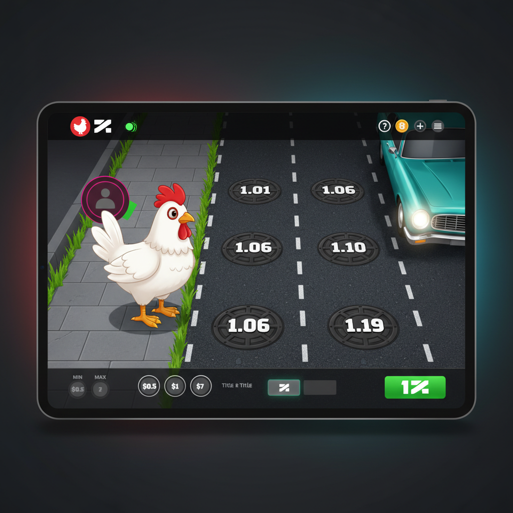 Chicken Road 2 su tablet in orientamento orizzontale — visuale completa della strada con tutte le 6 corsie e pannello controlli